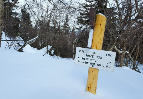 Snow filled trail sign